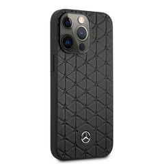 IPHONE 13 PRO MAX - LEATHER CASE BLACK QUILTED MINI STARS PATTERN AND EMBOSSED LINES METAL STAR LOGO - MERCEDES-BENZ