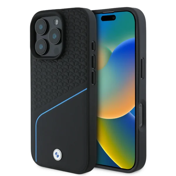 Phone 16 Pro Max - Leather Black Hard Case Signature Collection MagSafe Compatible Textured Design With Line And Metal Logo - BMW