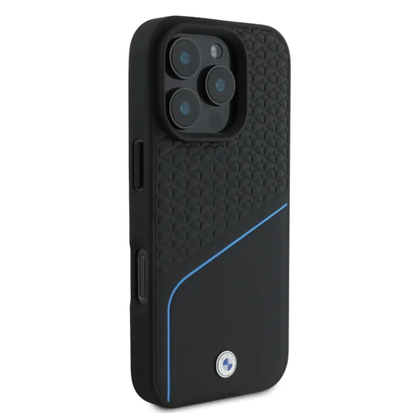 Phone 16 Pro Max - Leather Black Hard Case Signature Collection MagSafe Compatible Textured Design With Line And Metal Logo - BMW - Image 2